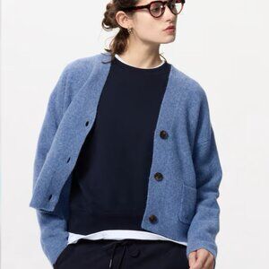 Soufflé Yarn V Neck Short Cardigan, Blue Size M